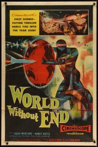3r488 WORLD WITHOUT END 1sh '56 CinemaScope's first sci-fi thriller, incredible Reynold Brown art!