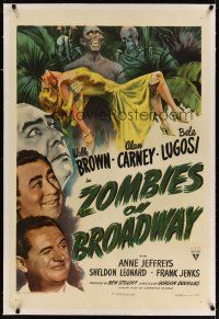 3r053 ZOMBIES ON BROADWAY linen 1sh '44 creepy Bela Lugosi, two zanies on a zombie hunt, cool art!