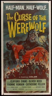 3s122 CURSE OF THE WEREWOLF linen 3sh '61 art of Oliver Reed holding victim surrounded by mob!
