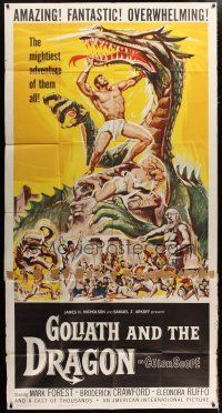 3s018 GOLIATH & THE DRAGON 3sh '60 cool fantasy art of Mark Forest battling the giant beast!