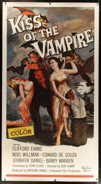 3s127 KISS OF THE VAMPIRE linen 3sh '63 Hammer, cool art of devil bats attacking by Joseph Smith!