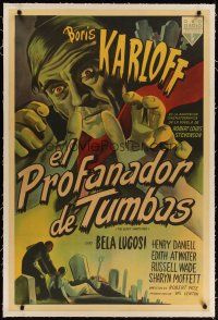 3s201 BODY SNATCHER linen Argentinean '45 art of Boris Karloff close up & robbing body from grave!