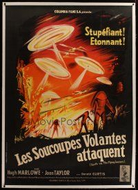 3s158 EARTH VS. THE FLYING SAUCERS linen French 1p '56 cool different art by Georges Kerfyser!