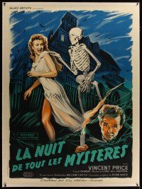 3s160 HOUSE ON HAUNTED HILL linen French 1p '59 different Roger Soubie art of skeleton & sexy girl!