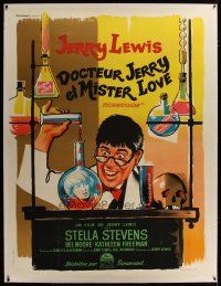 3s165 NUTTY PROFESSOR linen French 1p '63 wacky artwork of Jerry Lewis working in his laboratory!