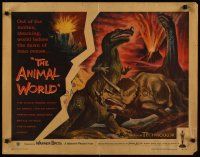 3t059 ANIMAL WORLD 1/2sh '56 great Rehberger artwork of prehistoric dinosaurs & erupting volcano!