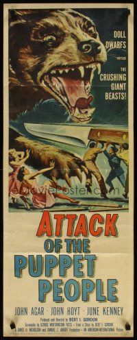 3t015 ATTACK OF THE PUPPET PEOPLE insert '58 AIP, art of tiny people w/steak knife attacking dog!
