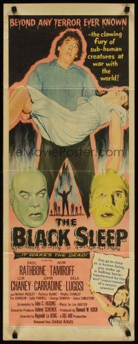3t019 BLACK SLEEP insert '56 Lon Chaney Jr., Bela Lugosi, Tor Johnson, terror-drug wakes the dead!