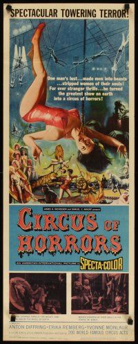 3t025 CIRCUS OF HORRORS insert '60 outrageous horror art of super sexy trapeze girl hanging by neck!