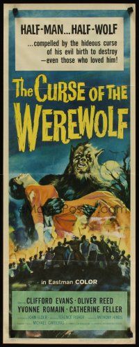 3t027 CURSE OF THE WEREWOLF insert '61 Hammer, art of Oliver Reed holding victim surrounded by mob!