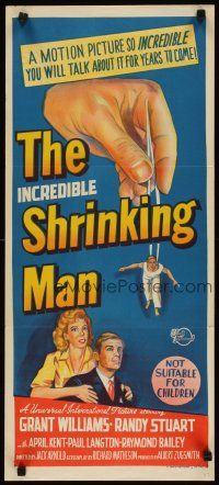 3w036 INCREDIBLE SHRINKING MAN Aust daybill '57 different art of him grabbed by tweezers!