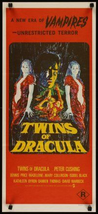 3w040 TWINS OF EVIL Aust daybill '71 a new era of vampires, unrestricted terror, cool artwork!