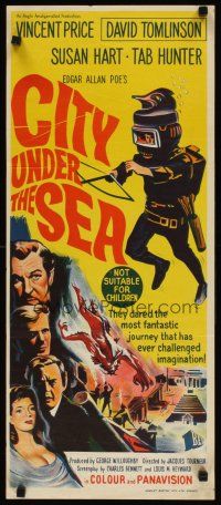 3w043 WAR-GODS OF THE DEEP Aust daybill '65 Vincent Price, Jacques Tourneur underwater sci-fi!