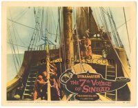 3w211 7th VOYAGE OF SINBAD LC #4 '58 Kerwin Mathews on ship deck, Ray Harryhausen fantasy classic!