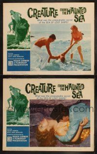3w175 CREATURE FROM THE HAUNTED SEA 2 LCs '61 cool border art of huge sea monster & sexy girl!