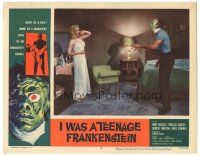 3w271 I WAS A TEENAGE FRANKENSTEIN LC #8 '57 screaming blonde girl in nightie with the monster!