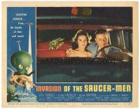 3w275 INVASION OF THE SAUCER MEN LC #6 '57 best image of alien hand reaching for couple in car!