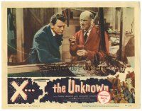 3w330 X THE UNKNOWN LC #3 '57 close up of Dean Jagger & Edward Chapman staring at broken case!