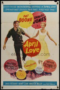 3x042 APRIL LOVE 1sh '57 full-length romantic art of Pat Boone & sexy Shirley Jones!