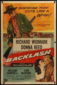 3x057 BACKLASH 1sh '56 cool art of Richard Widmark, Donna Reed, suspense that cuts like a whip!