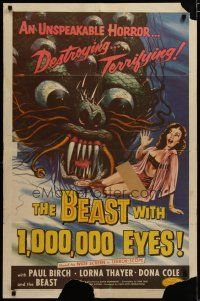 3x066 BEAST WITH 1,000,000 EYES 1sh '55 great art of monster attacking sexy girl by Albert Kallis!