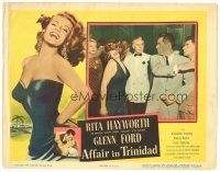 3y270 AFFAIR IN TRINIDAD LC '52 close up of Glenn Ford slapping sexy Rita Hayworth!
