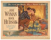 3y093 ALL THAT HEAVEN ALLOWS TC '55 close up romantic art of Rock Hudson about to kiss Jane Wyman!