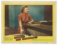 3y384 CRIME OF PASSION LC #6 '57 close up of Barbara Stanwyck holding gun by receptionist desk!