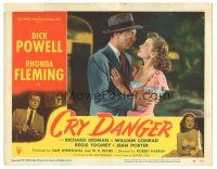 3y387 CRY DANGER LC #1 '51 romantic close up of Dick Powell & sexy Rhonda Fleming, film noir!