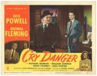 3y388 CRY DANGER LC #4 '51 close up of Dick Powell holding gun on dapper William Conrad's back!