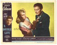 3y419 DOUBLE LIFE LC #4 '47 pretty Shelley Winters suspects Ronald Colman wants to strangle her!