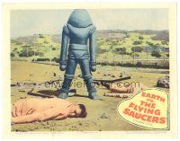 3y429 EARTH VS. THE FLYING SAUCERS LC '56 cool image of alien robot standing over dead men!
