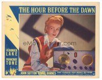 3y552 HOUR BEFORE THE DAWN LC #2 '44 close up of Nazi spy Veronica Lake by radio pointing gun!