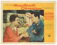 3y650 MAGNIFICENT OBSESSION LC #7 '54 Rock Hudson holds blind Jane Wyman's hand on the beach!