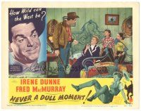 3y712 NEVER A DULL MOMENT LC #7 '50 Fred MacMurray with gun scares Irene Dunne & girls on bed!