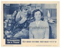 3y880 STRANGERS ON A TRAIN LC #6 R57 Hitchcock, close up of Robert Walker in robe with Ruth Roman!