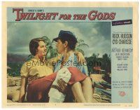 3y929 TWILIGHT FOR THE GODS LC #2 '58 c/u of Rock Hudson carrying sexy Cyd Charisse on beach!