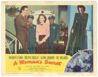 3y986 WOMAN'S SECRET LC #8 '49 close up of guilty Maureen O'Hara with cops in Nicholas Ray noir!