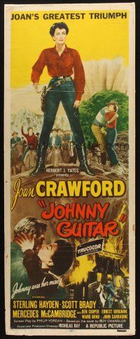 3z046 JOHNNY GUITAR insert '54 artwork of Joan Crawford reaching for gun, Nicholas Ray