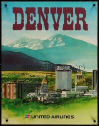 3z058 UNITED AIRLINES DENVER travel poster '70s Hagel artwork of city & Rocky Mountains!