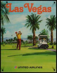 3z059 UNITED AIRLINES LAS VEGAS travel poster '70s Meyer artwork of golfer!