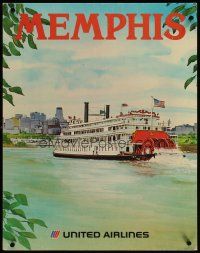 3z060 UNITED AIRLINES MEMPHIS travel poster '70s Hagel artwork of riverboat on Mississippi river!