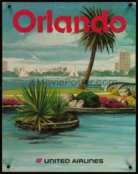 3z062 UNITED AIRLINES ORLANDO travel poster '70s wonderful artwork of lake & city skyline!