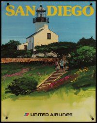 3z064 UNITED AIRLINES SAN DIEGO travel poster '73 wonderful artwork of lighthouse!