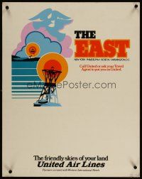 3z056 UNITED AIR LINES THE EAST travel poster '74 cool artwork of ocean, buoy & lighthouse!