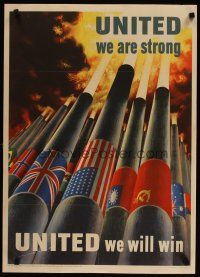 3z054 UNITED WE ARE STRONG 20x28 WWII war poster '43 art of cannons & flags by Henry Koerner!