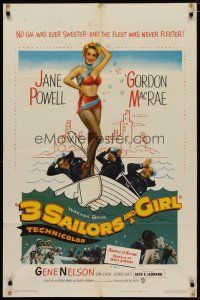 4d009 3 SAILORS & A GIRL 1sh '54 art of sexiest Jane Powell in swimsuit with Navy sailors!