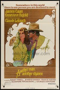 4d049 ANOTHER MAN ANOTHER CHANCE 1sh '77 Claude Lelouch, art of James Caan & Genevieve Bujold!
