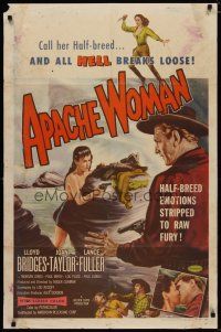 4d051 APACHE WOMAN 1sh '55 art of naked cowgirl in water pointing gun at Lloyd Bridges!