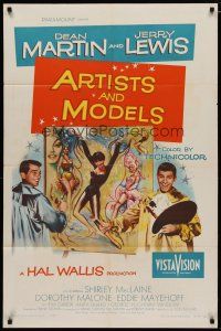 4d056 ARTISTS & MODELS 1sh '55 Dean Martin & Jerry Lewis painting sexy Shirley MacLaine!